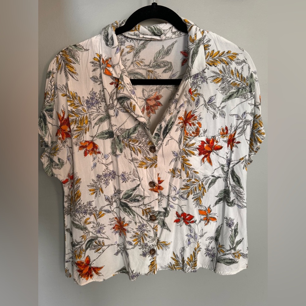 Tropical Print Button Down Blouse